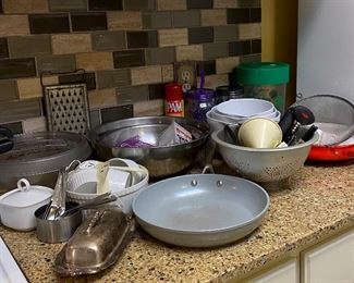 Assorted Kitchen Items, Ramekins, Funnels, Silver Plated Butter Dish