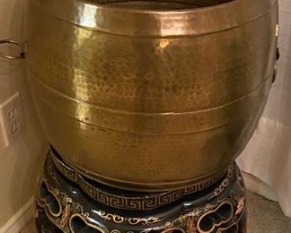 Oversized Brass Pot, Silk Plant Decor (NFS), Chinese Half Barrell Footstool 