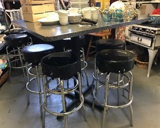 Look at these chrome stools.  Chrome in great condtion.  Some of the tops needs redone.  We have approximately25 of these stools.  High Table Top perfect for work table