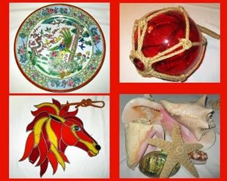 Nora Fenton Plate, Red Glass Buoy, Glass Horse Head and Shells 