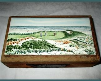 Old Box with Painted Signed Tile Top  
