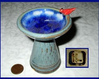  Sweet Little Pottery Birdbath with Cardinal Marked