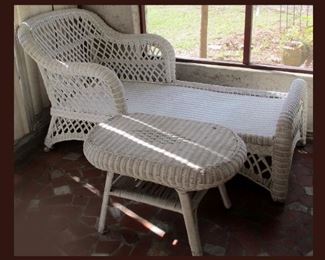 Vintage Wicker Chaise Lounge and Foot Stool 