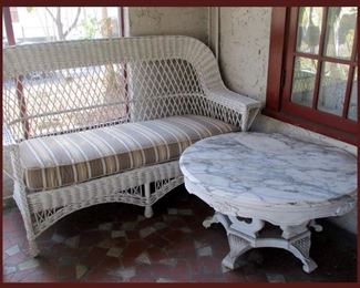 Vintage Wicker Sofa and Marble Top White Painted Table 