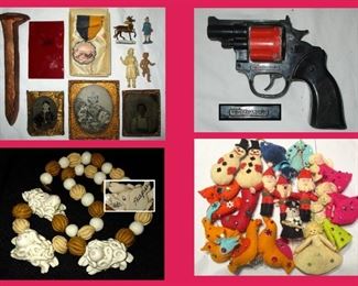 Daguerreotypes, Swimming Medal, Miniatures, Tootsie Toy Gun, Signed Sheep Necklace and Old Fabric Ornaments 