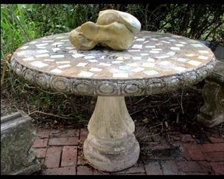 Cement Table with Inlaid Tile Top and Large Interesting Rock