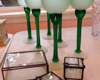 GREEN GLASS WINE GLASSES AND GLASS BOXES