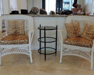 WHITE WICKER CHAIRS AND METAL SIDE TABLE