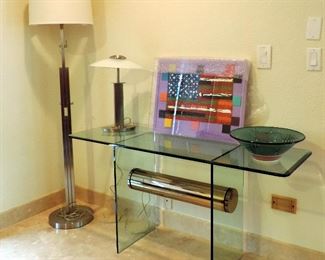 GLASS SOFA TABLE AND CHROME LAMPS