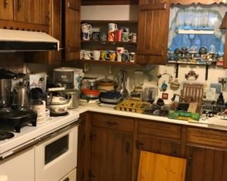 Kitchen contains lots of small appliances. Range and Refrigerator are for sale.