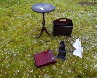 68. Table, Magazine Rack, and Shelves