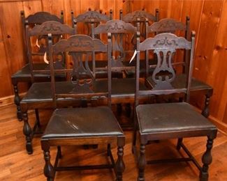 91. Set of Eight 8 Pierced Splat Leather Seat Chairs