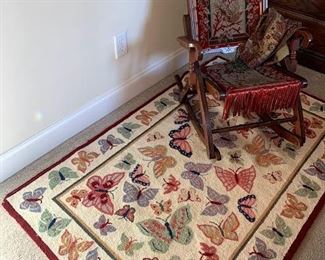 Beautiful Cotton Butterfly rug, Antique Folding Rocker with tapestry bottom and back