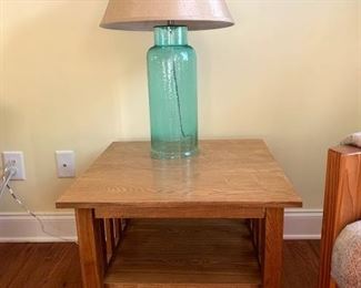 Oak mission style end table , beautiful glass lamp