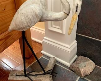 Pottery, metal and wood bird sculpture
