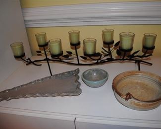 Pottery pieces, metal candle set for fireplace insert or table