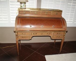 ANTIQUE ROLL TOP DESK WITH INLAID MARQUETRY AND ORMOLU  DAMAGE TO ONE LEG