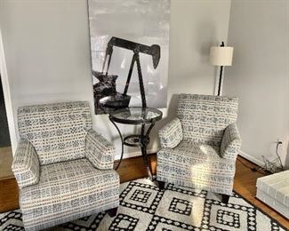 Andy Staszak Interiors / Two tight back club chairs with  tall back.  Geometric woven pattern (gray/charcoal/brown) 