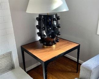 Mitchell Gold & Bob Williams Wakefield side table in Metal and wood.  Inset walnut top.  Painted black raw steel base.   Visual Comfort Lamp.
