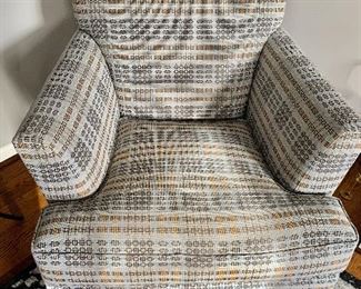 Two scoop arm chairs with tapered wood block legs.  Upholstered in woven check.