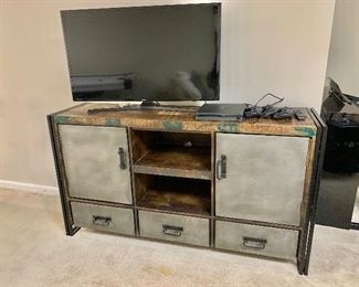 Industrial Entertainment Center in rustic wood and metal.