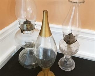 Lot # 16 - $25 Two Oil Lamps & One Mid Century Bottle