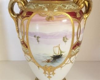Lot # 51 - $60  Nippon Vase with Sail Ship (Please look at the following pic of top of vase) This is back of vase.