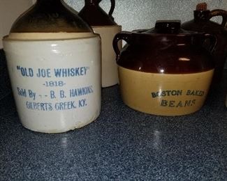 Lot # 64 - $200  Whiskey Jugs/Crockery/Stoneware  Old Joe Whiskey 1818 & Boston Baked Beans are the main ones of importance. 