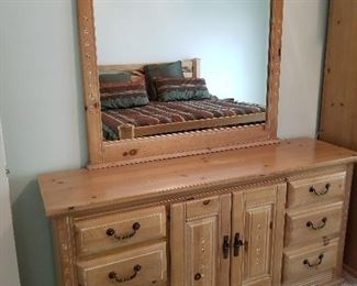 Lot # 69 - $150  Wood Dresser  68" long  X 18" wide X 33" tall.  Mirror is removeable. 