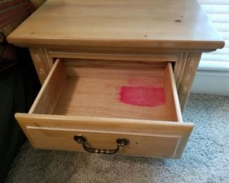 Lot # 71 - $80 TWO Nightstands (Pair) 26" long X 24" tall X 16" wide (Matching nightstand for previous pic but wanted to show this stain in top drawer) The other nightstand is ok.