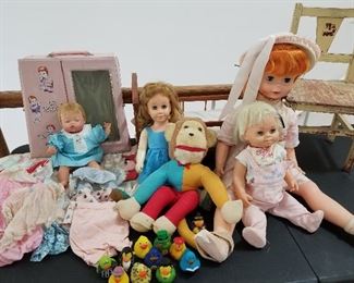 Lot # 105 - $225 Tiny Thumbelina Doll & Clothing PLUS 3 other dolls, Vintage Monkey Doll, 11 Rubber Ducks, Vintage Childs Chair 