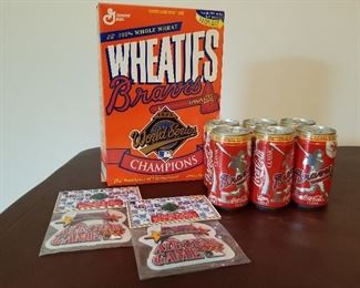 Lot # 187 - $25 Wheaties Braves Cereal Box  6 pack can coke Braves 1991 National League & 2 Braves Patches 