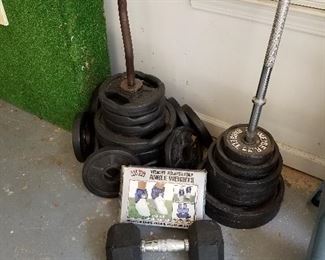 Lot # 245 - $ 245 -  Weights - 27 pieces & Two Bar Bells, Box of ankle weights 