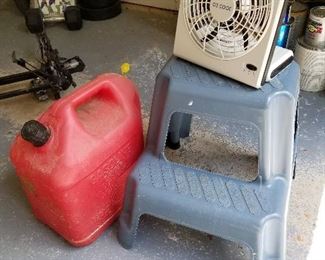 Lot # 255 - $15  Three Items  Gas Container, Step ladder and small fan.