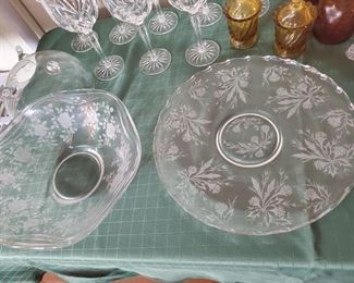Etched Pattern Glass Bowl and Platters