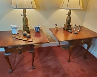 Nice , large brass lamps. Pair of Mahogany end tables