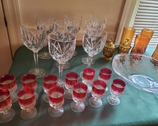 Demitasse juice set. Kings crown pattern. Also Waterford goblets