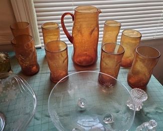 Blown glass vintage water pitcher and glass set
