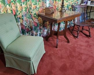 Petite green upholstered chair, nice. 1800s table