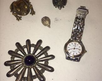 sterling porcupines, brass James Avery paperweight, sterling pin and Timex watch