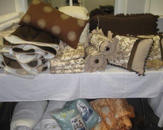 bedding for 2 twin beds-bed skirts, quilts, pillows, matching curtain panels