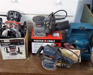 Many hand sanders and routers, Bosch, Porter Cable and Makita
