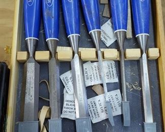 Vintage 6-Piece Marples Sheffield England Chisel Set Blue Handle Box