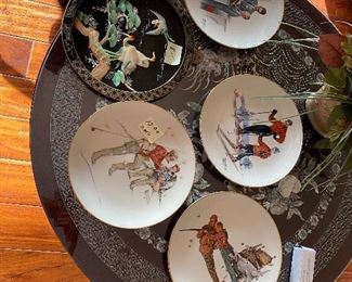 Norman Rockwell plates mother of pearl tray. Round low coffee table