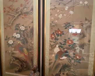 Silk paintings by Lange L I called pheasants