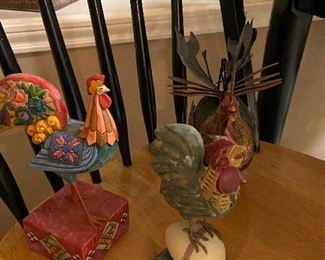 Silly roosters, painted roosters and roosters on an egg