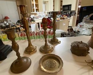 Brass candlesticks and ashtray