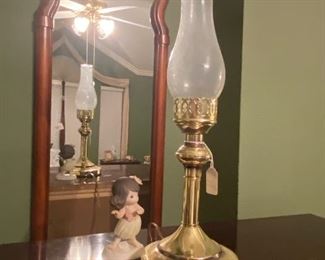 3 foot accent mirror, precious moments and antique lamp