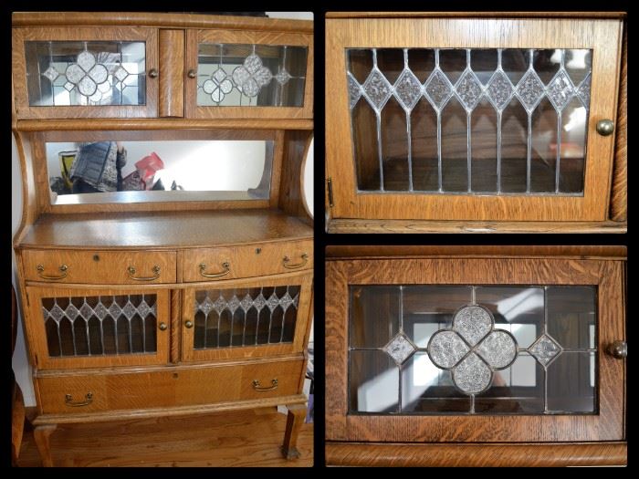 Antique oak cabinet with leaded glass