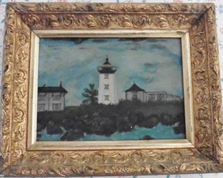 Vintage lighthouse painting in gilt frame